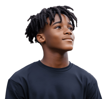 African young boy with stylish dreadlocks gazes upward against a plain background. png