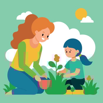 Lively Flat Color Illustration of a Mother and Daughter Enjoying Gardening on Mothers Day vector