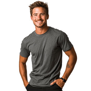 Fit Young Man Smiling in Casual Gray T-shirt, isolated on transparent background png