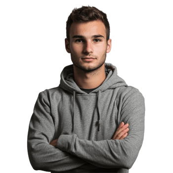 Confident Man in Gray Hoodie with Arms Crossed, isolated on transparent background png