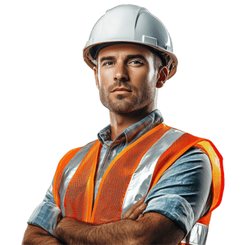Engineer in white helmet and orange safety vest, isolated on transparent background png