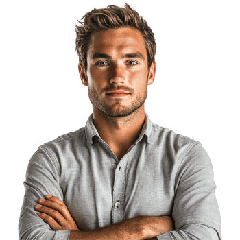 Confident Man with Arms Crossed in Light Gray Shirt, isolated on transparent background png