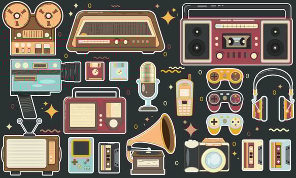 Set of retro elements, stickers with gadgets in 90s style. Old electronics, mobile phones, record player, cassette, vinyl, devices vector