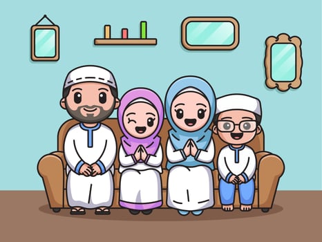 Happy Muslim Family Sitting Together in a Cute Cartoon Illustration vector