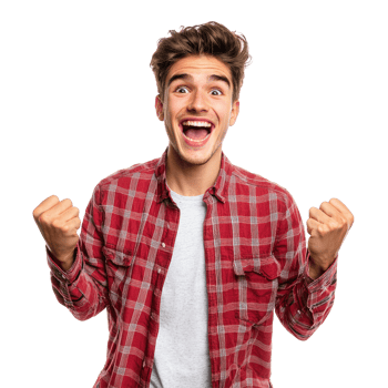 Cheerful Young Man in Red Plaid Shirt Celebrating, isolated on transparent background png