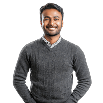 Smiling Man in Dark Gray Sweater with Hands in Pockets, isolated on transparent background png