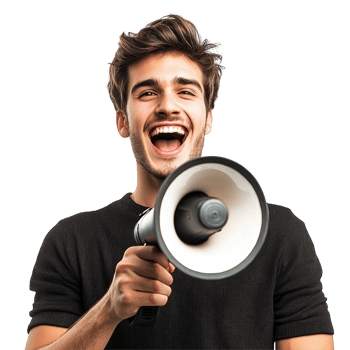 Excited Young Man Holding a Megaphone and Shouting, isolated on transparent background png