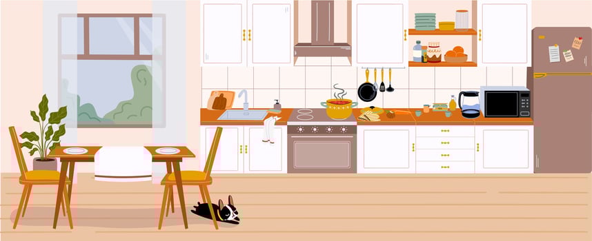 The interior of the kitchen is furnished. Furniture design. Inspiring kitchen interior design, dining area in the house, kitchen utensils. vector
