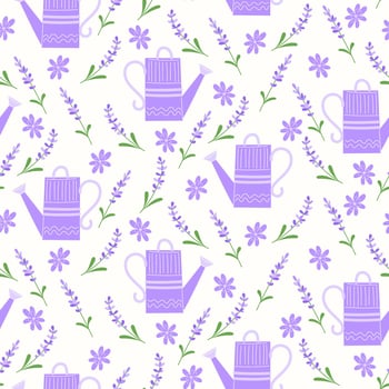 Seamless Pattern with Purple Garden Watering Can, Geometric Design, and Lavender Branches with Purple Flowers on a White Background vector