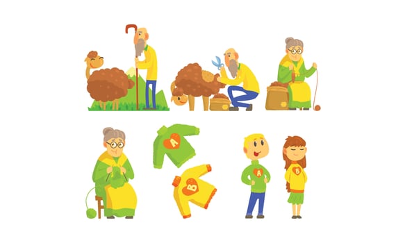Wool Sweater Production Set. Granny Knitting Warm Clothing for Her Grandkids Concept vector
