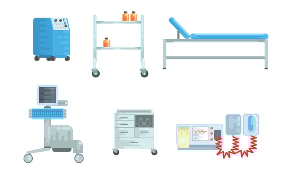 Medical Surgery and Examination Rooms Equipment with Scanner Monitor and Operating Table Set vector