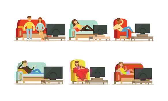 People Characters Sitting on Cozy Couch and Armchair and Watching TV Illustrations Set vector