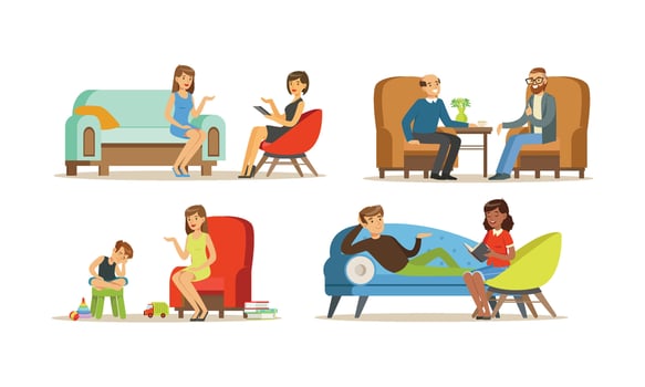 People Visiting Female Psychologist Illustrations Set vector
