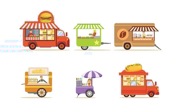 Street Food Truck and Mobile Trolleys Set vector