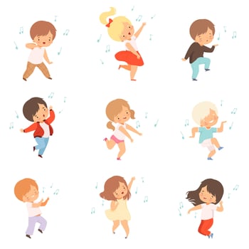 Cute Boys and Girls Singing and Dancing Set, Lovely Kids Enjoying Listening to Music Cartoon Illustration vector