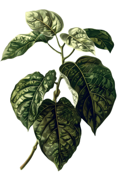 Detailed Botanical Illustration of Green and Yellow Spotted Leaves on a Black Background with Transparent Background png