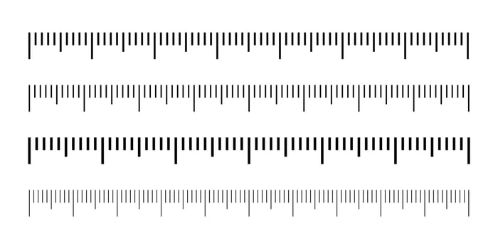 Measuring scale, markup for rulers illustration. Various measurement scales with divisions. Measuring tool. Blank measuring scale indicator. vector