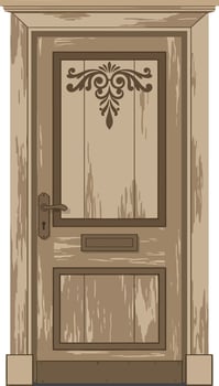 A detailed wooden door with intricate carvings and a vintage finish, showcasing rustic charm in flat art vector