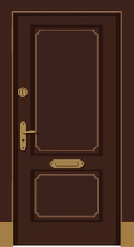 Detailed brown wooden door with gold hardware in a flat design style, showcasing classic elegance and architectural beauty in art vector