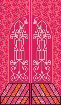 Ornate Pink Double Doors with Decorative Floral Design vector