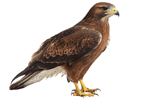Detailed Portrait of Brown Hawk with Yellow Talons and Beak Standing in Profile Isolated on Transparent Background png