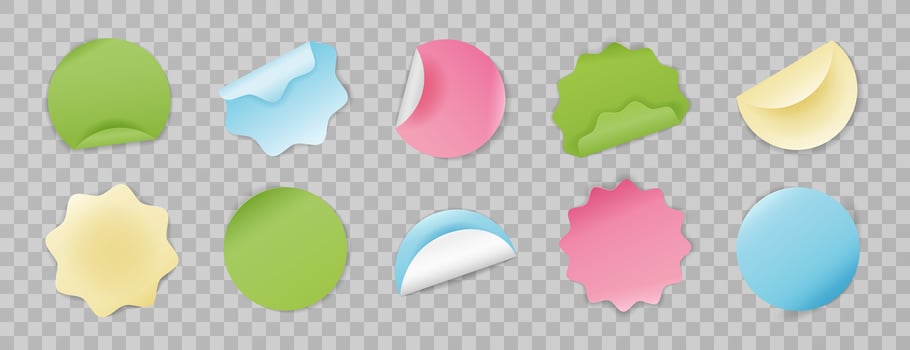 Set of realistic multicolored round stickers. Isolated blank paper sheets with curved and wavy edges on background. Elements for notes, mockups, planners, and journaling. Badges, sticky notes. vector