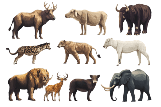 Diverse Pixelated Animal Kingdom with Brown and Gray Hues on Dark Background png