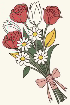 A bouquet of flowers with roses, daisies, and tulips tied together vector