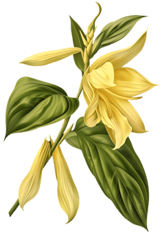 Elegant Yellow Flower with Green Leaves on Transparent Background Botanical Illustration of Exotic Tropical Blossom with Intricate Details png