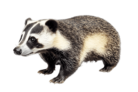 European Badger with Striking Black and White Markings Posing Calmly on Transparent Background in Wildlife Setting png