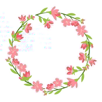 Elegant floral wreath made of pink cherry blossoms and green leaves, forming a delicate circular frame, perfect for invitations, greeting cards, and seasonal decorations vector