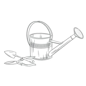 Watering can, trowel, pruning shears. hand-drawn illustration. Ideal for gardening, spring planting, and eco-friendly themes. Perfect for sustainable, rustic visuals, summer design and decor vector