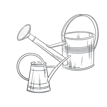 Aluminum vintage watering cans. Minimalist line illustration. Perfect for gardening, spring planting, sustainable farming themes. Ideal for rustic and eco-friendly design, seasonal summer decor vector