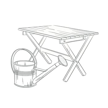 Aluminum watering can near a folding wooden table. Clean line garden illustration. Great for spring gardening, outdoor furniture, and rustic home decor, seasonal summer countryside themes. vector