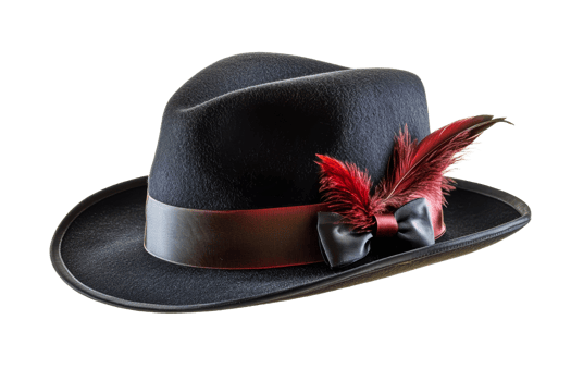 Stylish black hat with red feathers and bow decoration png