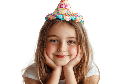 Young girl celebrating with a colorful party hat png