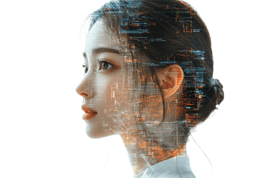 Profile of a woman with digital overlay in transparent style png