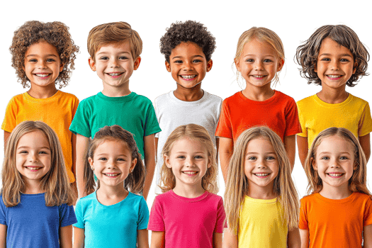 Group of cheerful children wearing colorful shirts together png