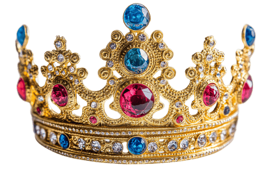 Golden crown with colorful gems on transparent bg png