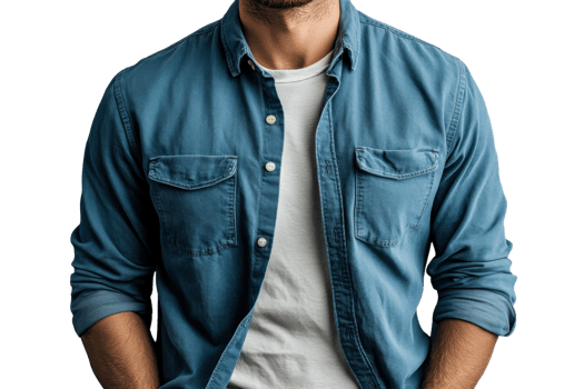 Man wearing blue button up shirt and white t shirt png