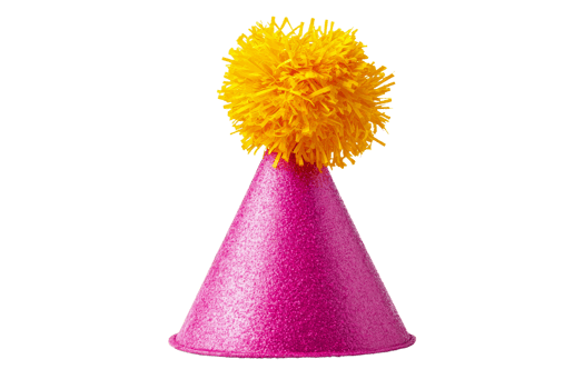 Bright pink party hat with a yellow pom pom decoration png