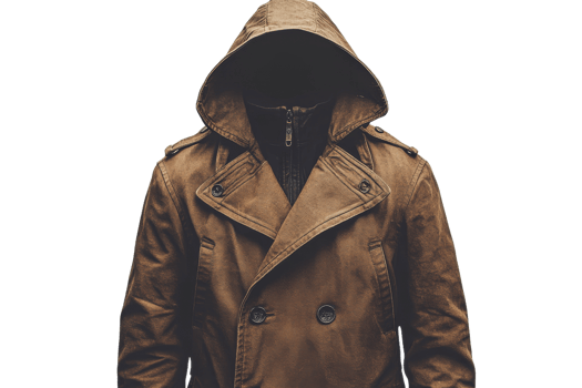 Stylish brown trench coat with hood and no face visible png