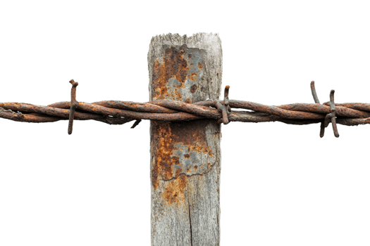 Rusty barbed wire on weathered wooden post png