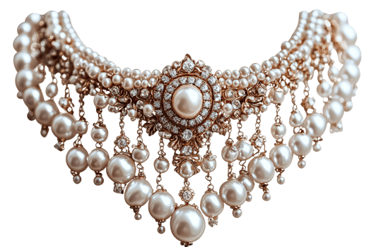 Elegant pearl necklace with intricate design and gems png