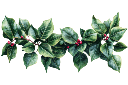 Green holly leaves with red berries, transparent bg png
