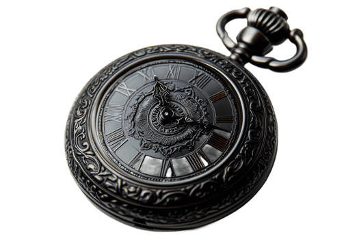 Antique black pocket watch with intricate design png