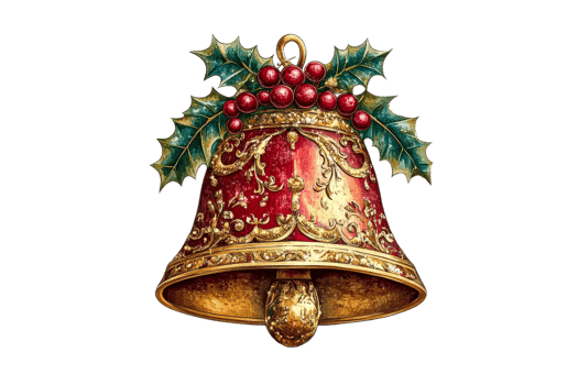 Decorative Christmas bell with holly and berries design png