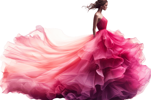 A woman models a stunning pink dress with flowing layers png