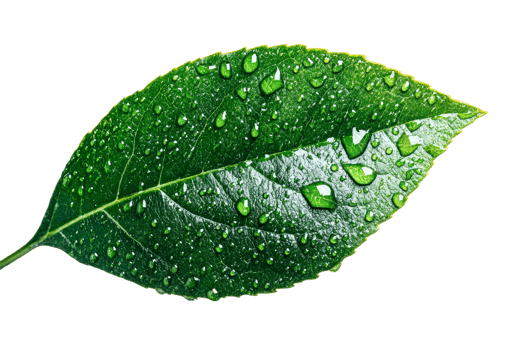Green leaf with water droplets, clear background png