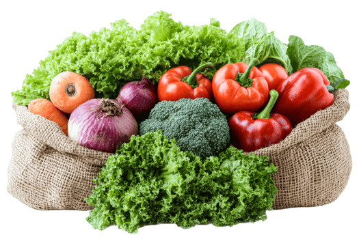 Fresh vegetables in burlap sack with vibrant greens png